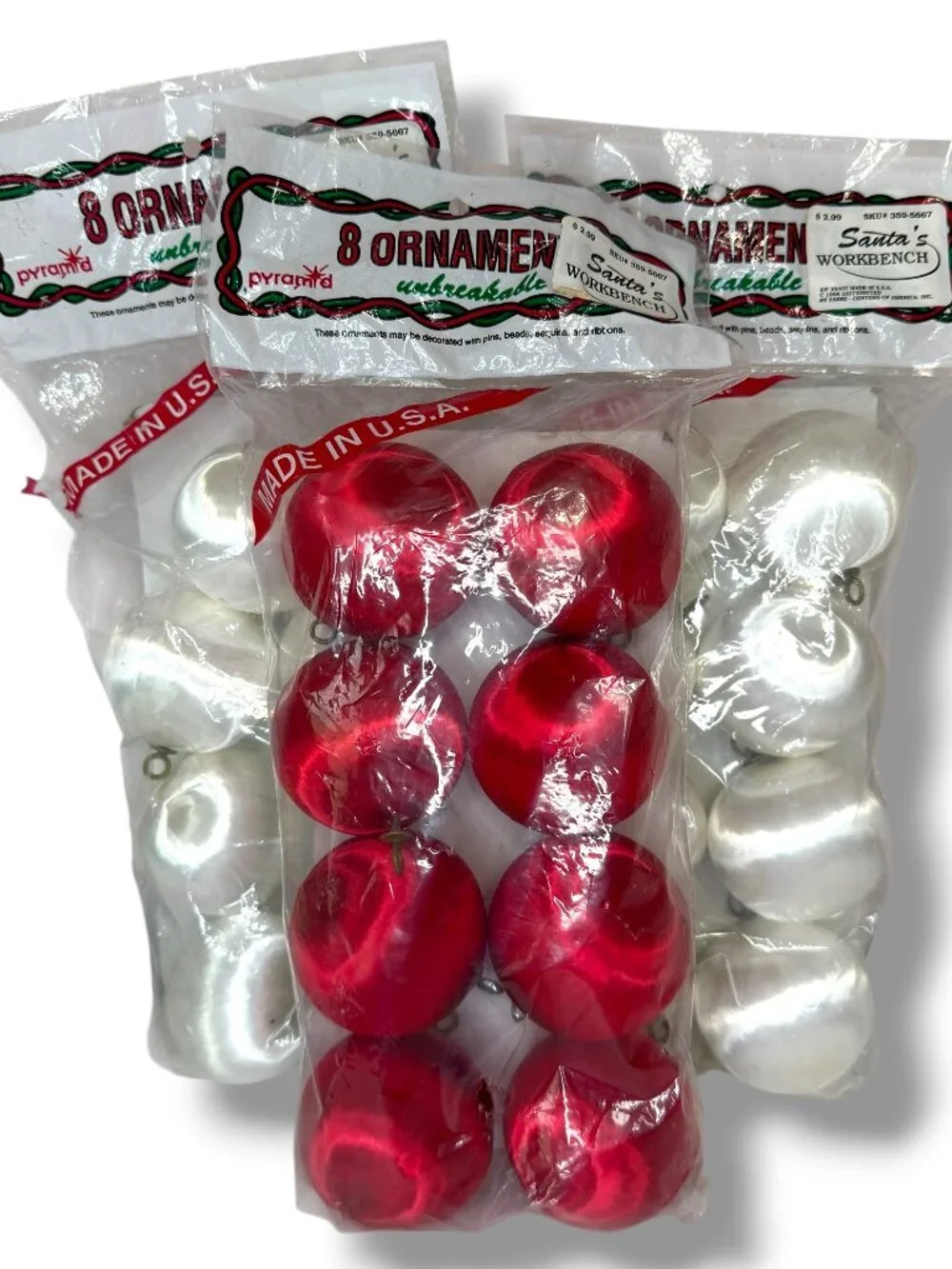 Vintage Pyramid Red White Satin Sheen 2.5” Unbreakable Christmas Tree Ornaments